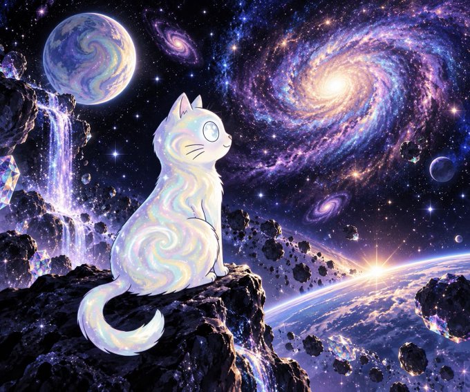 A vibrant digital fantasy artwork of an iridescent, galaxy-patterned cat sitting on a rocky asteroid, set against a cosmic backdrop of swirling purple and pink galaxies, planets, and stars.