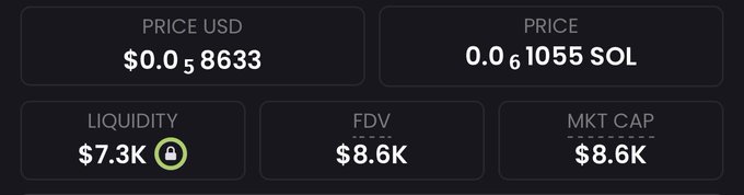 The image displays cryptocurrency market metrics for a token priced at $0.058633 USD (0.061055 SOL), with a liquidity of $7.3K, FDV of $8.6K, and market cap of $8.6K, suggesting a micro-cap token. This aligns with the post's bold "5000x" claim, showcasing the extremely low market cap that would need to balloon massively to justify such returns—a classic hallmark of speculative memecoin hype.