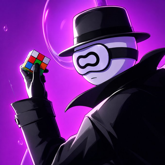 An anime-style illustration of a character wearing a black fedora and trench coat with a white mask, holding a colorful Rubik's cube against a vibrant purple background.