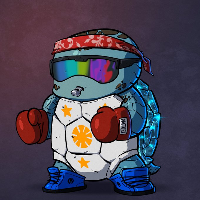 A cartoon turtle wearing sunglasses, a red bandana, red boxing gloves labeled "HACTOVERT," and blue Nike shoes, with a glowing crystal shell, standing in a fighting pose.