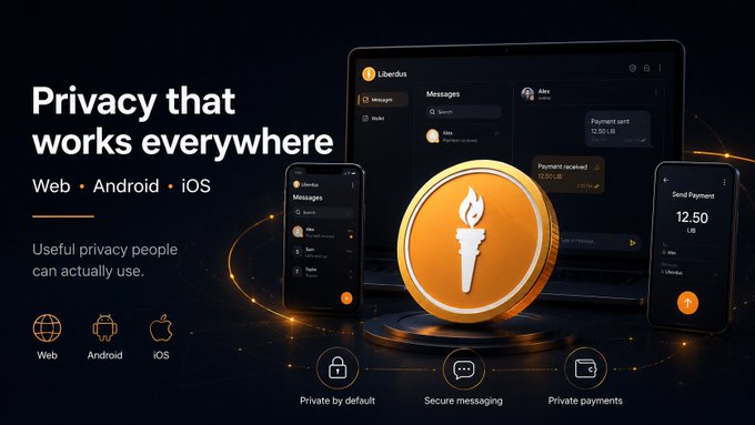 The image is a promotional graphic for Liberdus featuring the tagline "Privacy that works everywhere" alongside icons for Web, Android, and iOS platforms. It showcases a central golden torch logo surrounded by device mockups (laptop and smartphones) displaying the Liberdus messaging and payment interface, with features labeled "Private by default," "Secure messaging," and "Private payments," and includes the ticker "$LIB."