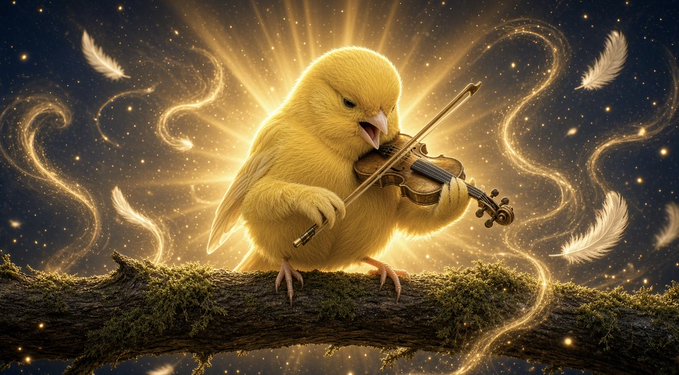 An illustration of a yellow bird playing a violin while perched on a mossy branch, surrounded by floating white feathers and glowing golden light.