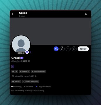 A social media profile page for a user named "Greed" (@ping+reco) with the bio "Smart Mentions," showing 0 posts and 1 follower, joined October 2026.