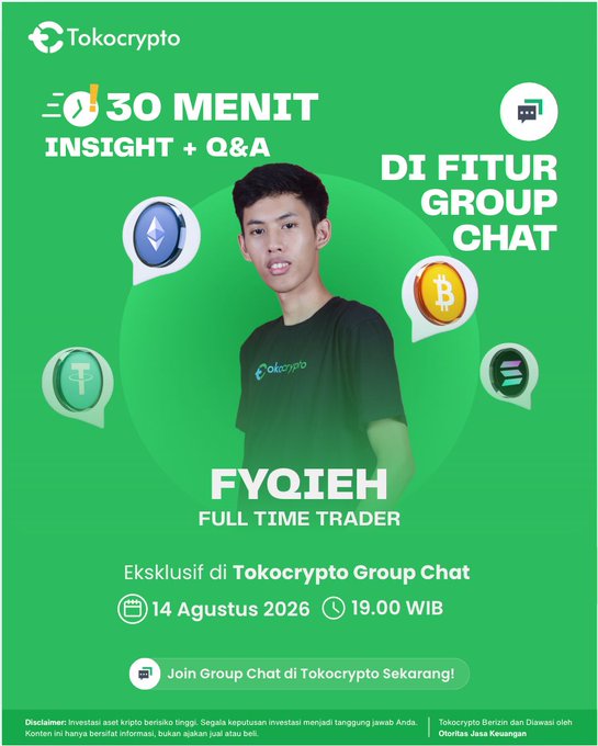 Promotional poster from Tokocrypto announcing a "30 Menit Insight + Q&A" session featuring full-time trader FYQIEH, held exclusively in the Tokocrypto Group Chat on August 14, 2026 at 19.00 WIB, with Bitcoin, Tether, Ethereum, and Solana icons displayed.