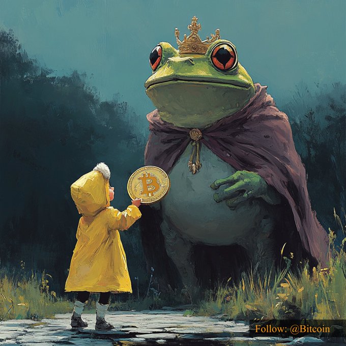 A child in a yellow raincoat offers a Bitcoin to a crowned, robed frog in a whimsical painting, illustrating the $64,332.23 price mentioned in the accompanying post. The image also includes the text "Follow: @Bitcoin" in the bottom right corner.