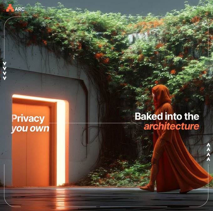 The image features a person wearing an orange robe walking past a white door with an orange light shining through it. The text "Baked into the architecture" suggests that the person's outfit has been incorporated into the design of the building, while the phrase "Privacy you own" implies that users have control over their personal information and can choose to share or keep private. The post also mentions a website called "@useTria", which could be related to the image if it is promoting a product or service for managing privacy settings on social media platforms or other online spaces.