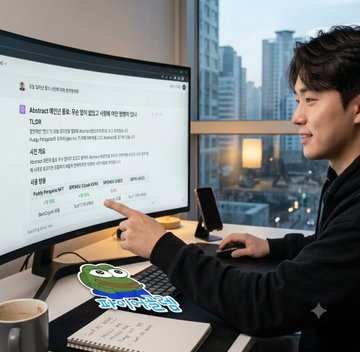 A young man sits at a computer in a high-rise office, pointing at an Atom IDE screen displaying Korean text related to 'Atomy' products on an e-commerce page, with a cityscape visible through the window.