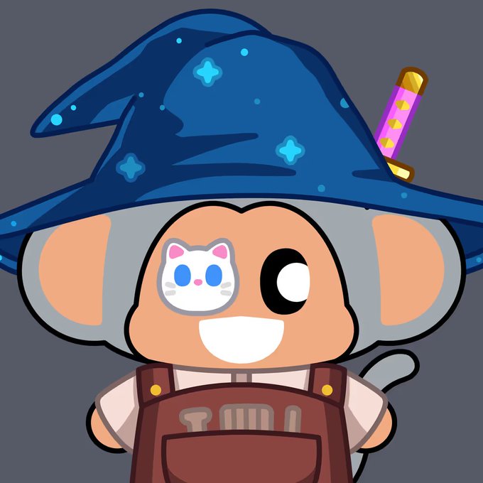 A cute cartoon character dressed as a wizard with a sparkly blue hat, cat-themed eye patch, and brown overalls on a gray background.