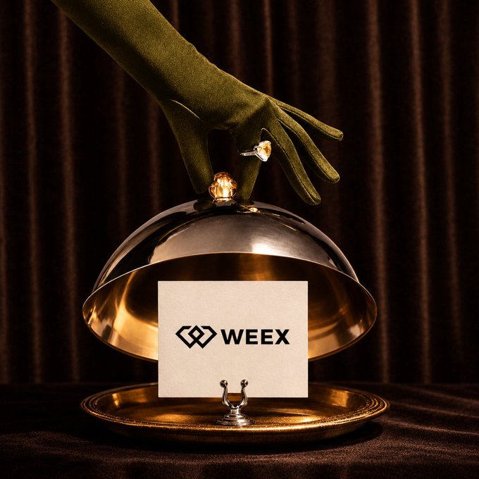 A promotional image for WEEX showing a green-gloved hand lifting a golden cloche to reveal a business card with the WEEX logo against a dark velvet curtain background.