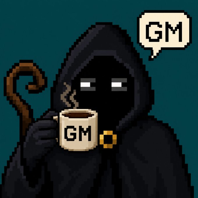 Pixel art of a hooded grim reaper figure holding a staff and a coffee mug labeled 'GM', with a speech bubble also saying 'GM'.