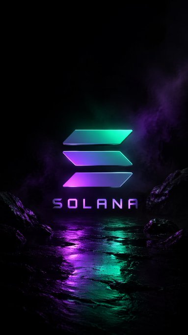 Stylized Solana logo artwork with the brand's three-line symbol and 'SOLANA' text rendered in glowing purple and green neon over a rocky, watery landscape.
