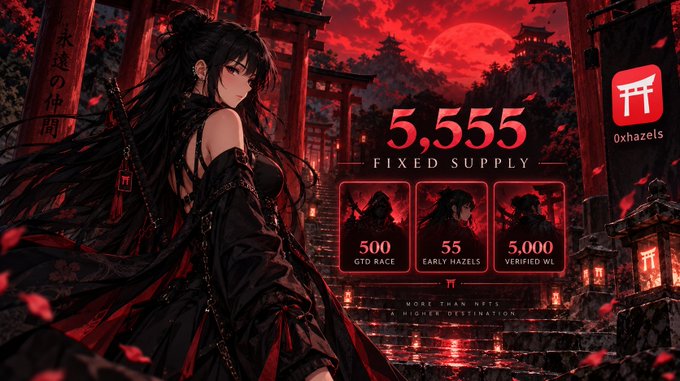 Promotional graphic for '0xhazels' cryptocurrency featuring an anime-style character in dark attire against a red Japanese temple background, advertising a fixed supply of 5,555 with 500 GTO Race, 55 Early Hazels, and 5,000 Verified WL allocations.