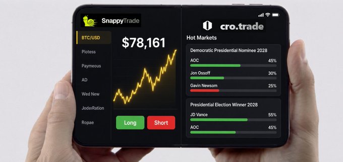 A person's hands holding a smartphone displaying two trading apps: SnappyTrade showing BTC/USD at $78,161 with Long/Short buttons, and cro.trade showing 'Hot Markets' with Democratic Presidential Nominee 2028 odds (AOC 45%, Jon Ossoff 30%, Gavin Newsom 25%) and Presidential Election Winner 2028 (JD Vance 55%, AOC 45%).
