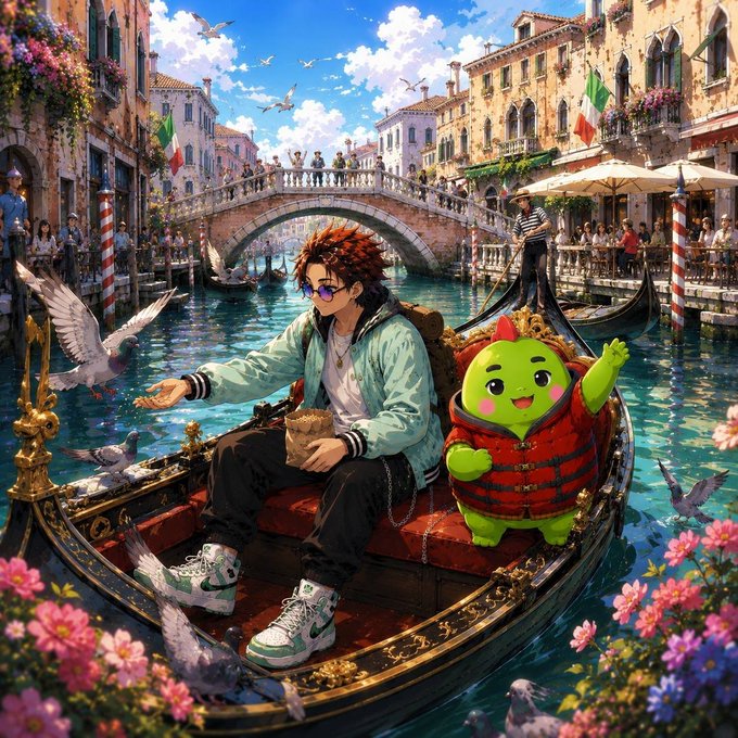 An anime-style illustration of a young person with red hair and sunglasses sitting in a gondola in Venice, accompanied by a cute green mascot character in red clothing, with doves flying around and Italian architecture in the background.