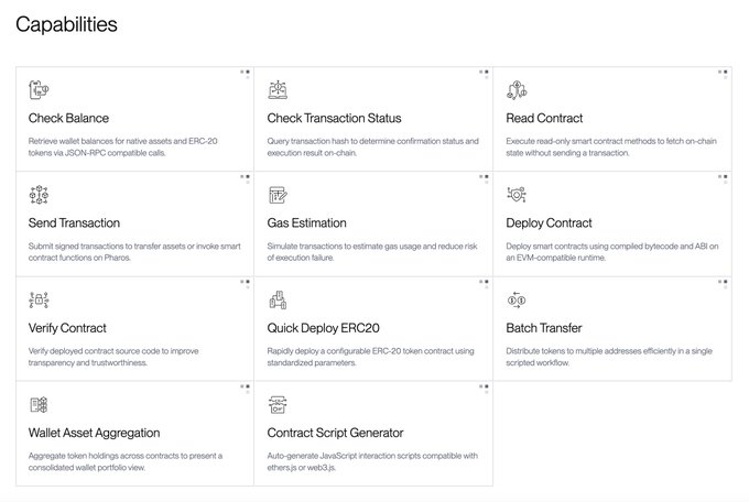 A 'Capabilities' dashboard displaying nine features including Check Balance, Send Transaction, Deploy Contract, and Wallet Asset Aggregation, each with icons and brief descriptions.