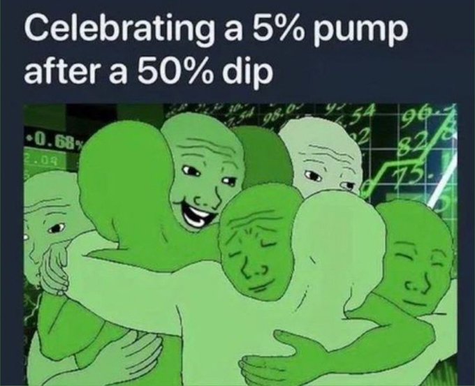 This meme depicts characters celebrating a meager 5% "pump" after a significant 50% dip, aligning with the post's sentiment of accepting even small victories after substantial losses.