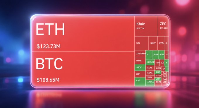 A heatmap visualization showing 24-hour crypto liquidations totaling $327.1M, with ETH ($123.73M) and BTC ($108.65M) leading the losses, alongside smaller amounts across altcoins like SOL ($14.71M), ZEC ($13.01M), and others, all displayed in red to reflect the widespread bearish market activity that liquidated 66,242 traders including a single $6.37M ETHUSDT order on Binance.