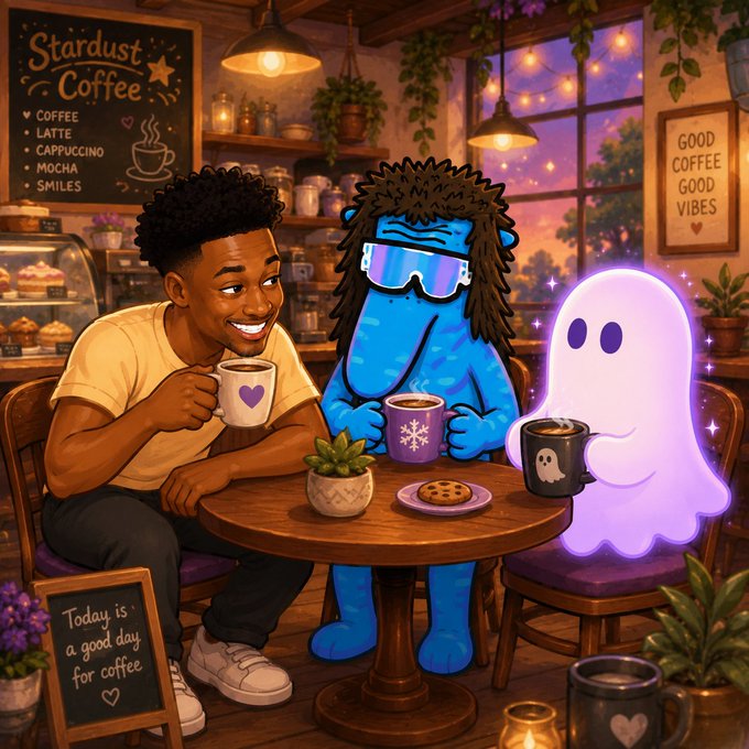 A colorful cartoon illustration of a man, a blue furry character wearing sunglasses, and a ghost enjoying coffee together at a cozy cafe called 'Stardust Coffee' with a sign reading 'Today is a good day for coffee'.