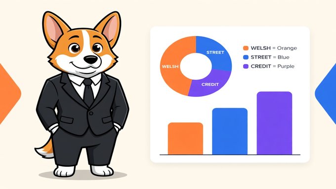 An illustration of a corgi dog in a black business suit standing next to a chart showing WELSH (Orange), STREET (Blue), and CREDIT (Purple) categories with corresponding bar graph data.