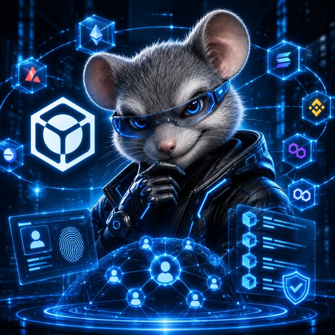 A digital illustration of a gray mouse wearing futuristic blue goggles and a black jacket, surrounded by floating holographic icons representing cryptocurrency (Ethereum, Binance), blockchain security, and digital identification.