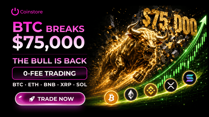 A Coinstore promotional banner announcing 'BTC BREAKS $75,000 — THE BULL IS BACK' with 0-fee trading for BTC, ETH, BNB, XRP, and SOL, featuring a golden bull graphic and a green upward chart.
