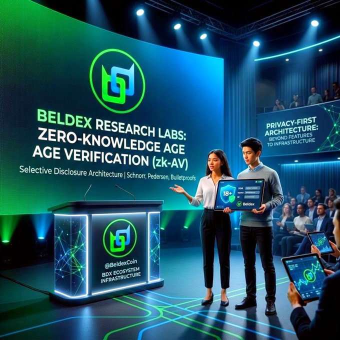 A promotional event scene features two presenters on stage with screens reading 'BELDEX RESEARCH LABS: ZERO-KNOWLEDGE AGE VERIFICATION (zk-AV)' and 'PRIVACY-FIRST ARCHITECTURE: BEYOND FEATURES TO INFRASTRUCTURE'.