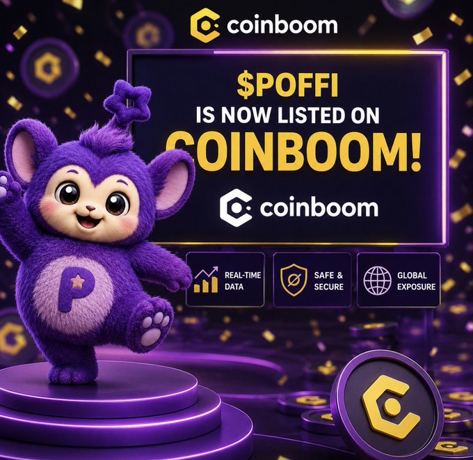 A promotional graphic for Coinboom announcing that '$POFFI IS NOW LISTED ON COINBOOM!', featuring a purple furry mascot and icons for 'REAL-TIME DATA', 'SAFE & SECURE', and 'GLOBAL EXPOSURE'.