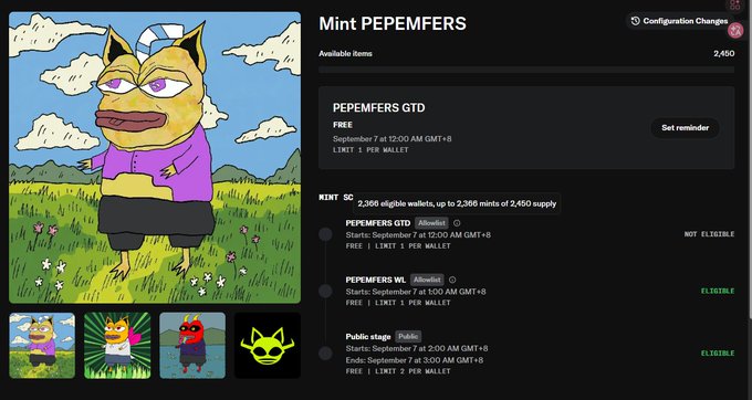 A screenshot of a 'Mint PEPEMFERS' NFT minting page showing 2,450 available items with various rounds (GTD, WL, Public) and eligibility statuses displayed alongside Pepe cartoon artwork.