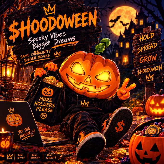 A Halloween-themed promotional graphic for '$HOODOWEEN' featuring a pumpkin-headed character with bags of gold, set against a spooky night background with bats and a full moon.