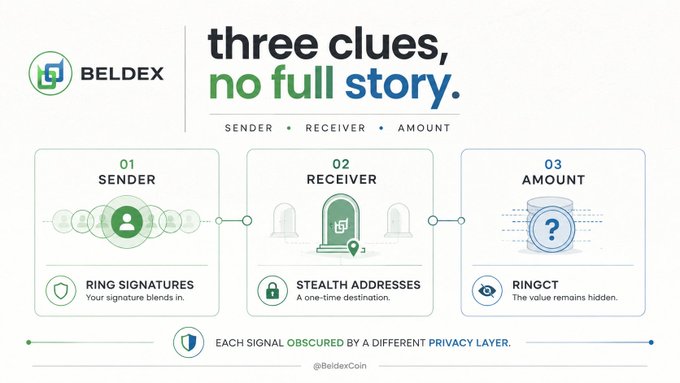 The image is a Beldex infographic titled "three clues, no full story," illustrating how the cryptocurrency obscures each of the three key transaction elements—sender, receiver, and amount—through separate privacy layers: ring signatures (01) to hide the sender, stealth addresses (02) to hide the receiver, and RingCT (03) to hide the amount.

The image visually reinforces the accompanying post by mapping directly to its explanation: Beldex addresses the sender-receiver-amount "three clues" problem with distinct cryptographic solutions (Ring Signatures, Stealth Addresses, and RingCT) for each element, matching the post's breakdown of how ring signatures and stealth addresses obscure specific transaction details.