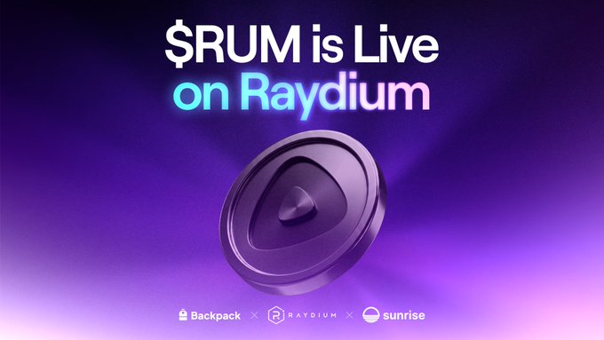 A promotional graphic announces "$RUM is Live on Raydium" against a purple gradient background, featuring a stylized 3D coin/trophy emblem and partner logos for Backpack, Raydium, and Sunrise at the bottom—visually supporting the announcement that Rumble's token is now trading 24/7 on Solana via Backpack Securities and Sunrise.