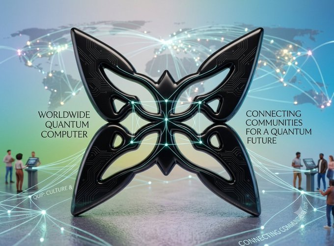 Futuristic promotional image featuring a large black butterfly-shaped quantum computer logo in the center, with text 'Worldwide Quantum Computer' and 'Connecting Communities for a Quantum Future,' set against a background of people and global network connections.