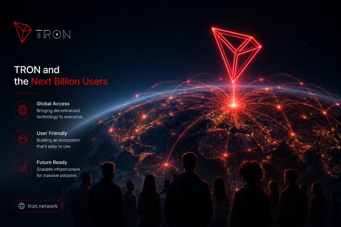 A promotional graphic for 'TRON' featuring the headline 'TRON and the Next Billion Users' alongside bullet points for 'Global Access', 'User Friendly', and 'Future Ready', set against a globe with glowing red network lines and the TRON logo.