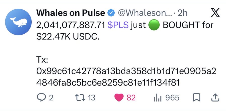 A tweet from 'Whales on Pulse' (@Whaleson...) reporting that 2,041,077,887.71 $PLS was just BOUGHT for $22.47K USDC, with the transaction hash 0x99c61c42778a13bda358d1b1d71e0905a24846fa8c5bc6e8259c81e11f134f81.