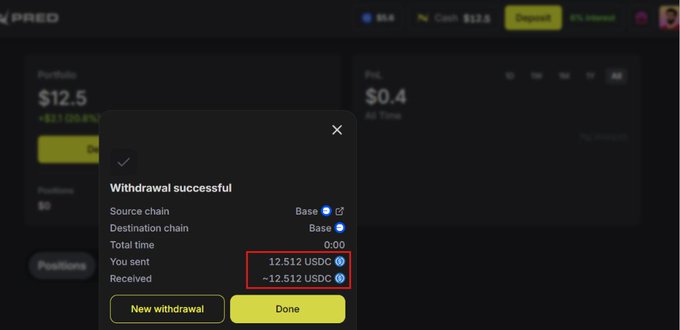 A dark-themed crypto exchange withdrawal confirmation popup showing 'Withdrawal successful' with amounts of 12.512 USDC on the Base network.