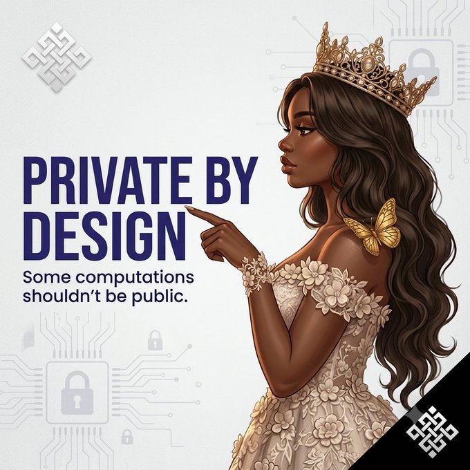 A promotional graphic titled 'PRIVATE BY DESIGN' with the tagline 'Some computations shouldn't be public,' featuring an illustration of a Black woman wearing a crown and floral dress, surrounded by lock icons and circuit board patterns symbolizing data security.