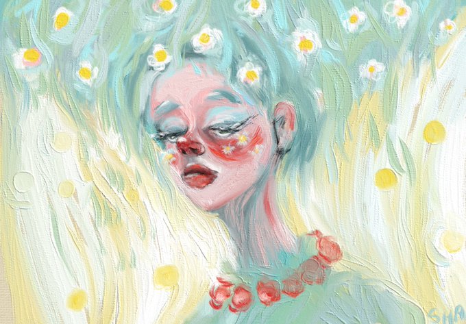 An impressionistic oil painting of a woman with closed eyes, pale pink skin, and blonde hair adorned with white daisies, featuring star accents on her cheeks and wearing a turquoise top with pink floral details.
