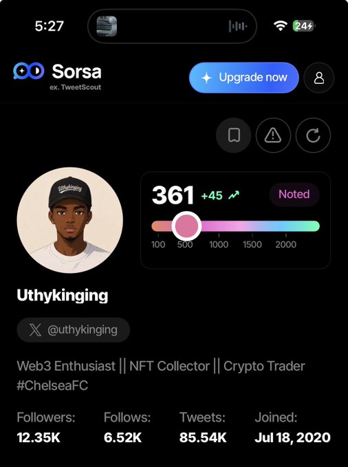 The image shows a Sorsa (ex. TweetScout) profile dashboard for user "Uthykinging" (@uthykinging), displaying a SORSA score of 361 (+45) marked as "Noted," with stats including 12.35K followers, 6.52K following, and 85.54K tweets. The score sits between 100-500 on the visual scale, relevant to the post asking how to convert this SORSA score into USDT.