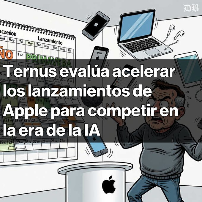 A cartoon illustration shows a stressed man surrounded by floating Apple devices (iPhone, laptop, earbuds, iPad) and a calendar, with Spanish text reading 'Ternus evalúa acelerar los lanzamientos de Apple para competir en la era de la IA'.