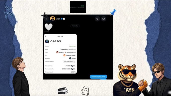 A screenshot of a chat with "Zayn" showing a confirmed transaction of -0.96 SOL (~$100 USD) sent via Solana from "EoPHGuk_BuRFG" to "tagzMQ_LimaT", confirming the post's claim of receiving $100 worth of SOL.