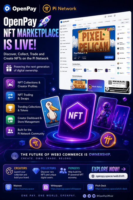 Promotional graphic announcing the launch of the **OpenPay NFT Marketplace** on the **Pi Network**, featuring a screenshot of the marketplace interface displaying a "Pixel Pelican" NFT collection alongside benefits like digital ownership, NFT trading, and creator tools, with the tagline "The Future of Web3 Commerce is Ownership" and links to openpay.space/web3/nft.