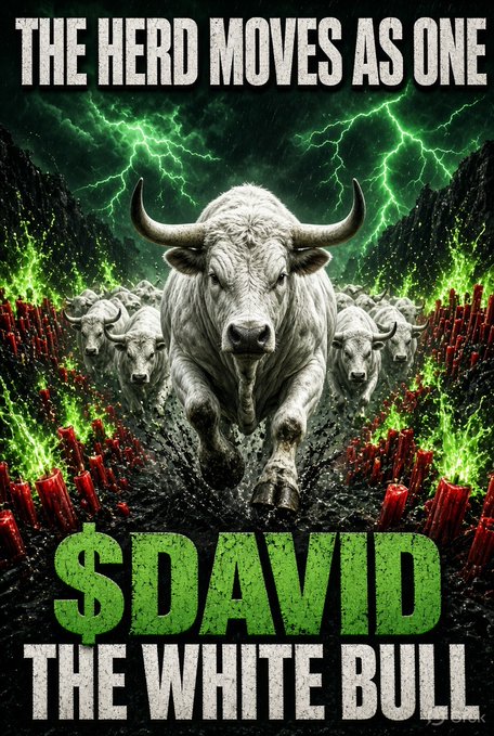 A meme-style poster titled 'THE HERD MOVES AS ONE' and '$DAVID THE WHITE BULL' features a central white bull charging forward amidst green lightning, red candles, and additional bulls in the background.