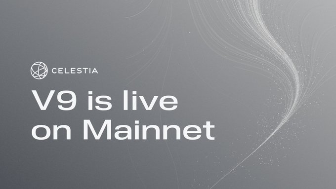 A sleek gray announcement graphic from Celestia reading 'V9 is live on Mainnet' with flowing white particle lines.