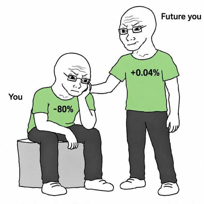 A meme illustration of a sad 'You' wearing a shirt marked '-80%' sitting on a stool, while a confident 'Future you' wearing a shirt marked '+0.04%' pats him on the back.