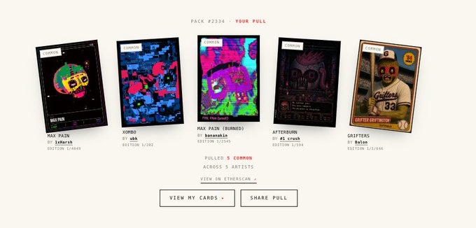 A digital card pack display titled "PACK #2334 - YOUR PULL" showcasing five CryptoPunks-inspired NFT cards from Manifold, including MAX PAIN by 0x0rc, XOMBO by mbk, MAX PAIN (BURNED) by bananakin, AFTERBURN by el_crush, and GAFFERS by Balon, with options to "VIEW MY CARDS" and "SHARE PULL" at the bottom.