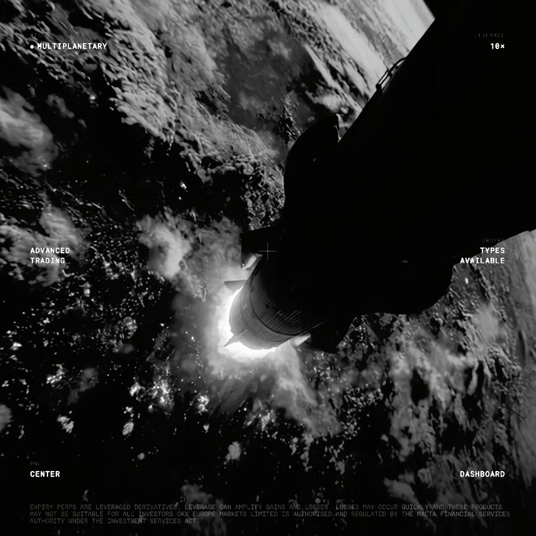 This black and white photograph depicts a rocket launch, captured from an unusual perspective that appears to be taken by looking up towards space. A small portion of the Earth can be seen in the bottom right corner of the photo. The image includes text providing details about the event, including the caption "For the first time, crypto markets are pricing SpaceX before Nasdaq does & we’re watching it happen live." and a reference to a specific cryptocurrency exchange called "MilkRoad" or "Crypto_Birb".