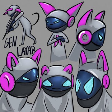 A character design sheet features multiple poses of a robotic figure with a blue face, gray hood, and pink headphones, labeled 'GEN LAYAR'.