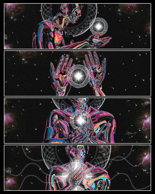 A four-panel digital artwork depicting a colorful, iridescent humanoid figure manipulating geometric wireframe spheres and glowing light against a starry space background.