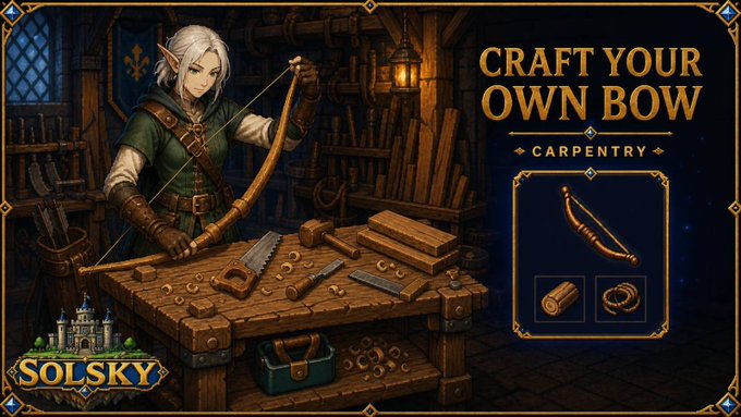 A Solsky game promotional banner showing an elf character crafting a wooden bow on a workbench, with the text 'CRAFT YOUR OWN BOW - CARPENTRY' and required materials displayed on the right.