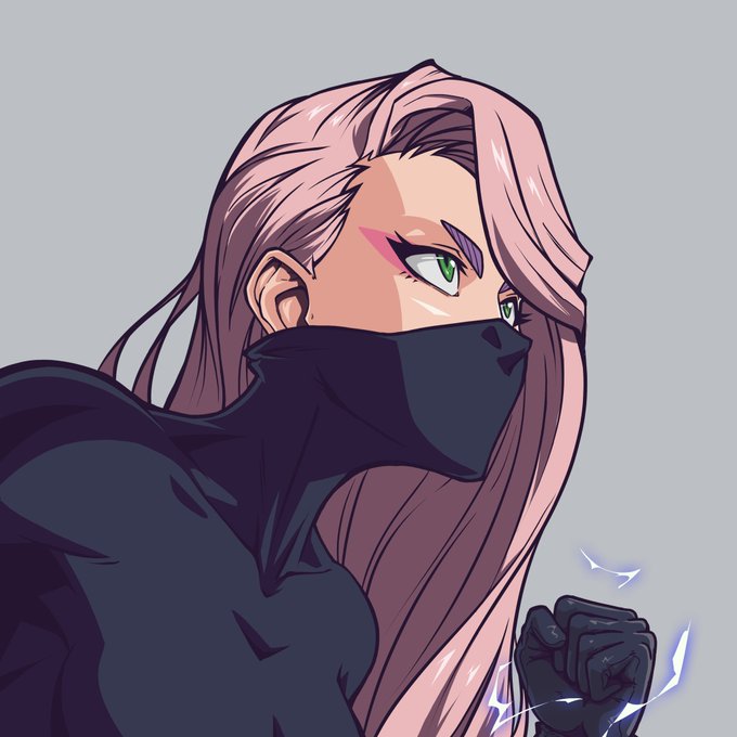A digital illustration of a pink-haired anime-style "ninja" character with a black face covering, green eyes, and a clenched fist crackling with energy. The character serves as the visual representation of a waifu NFT from the Abstract collection, which the poster acquired at a fraction of the original price after patiently waiting.